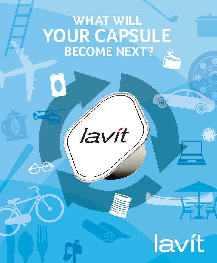 An advertisement with the text 'What will your capsule become next?' showing a Lavit flavor capsule surrounded by icons representing various activities and objects like a bicycle, glasses, bike, laptop, and chair, all on a blue background.